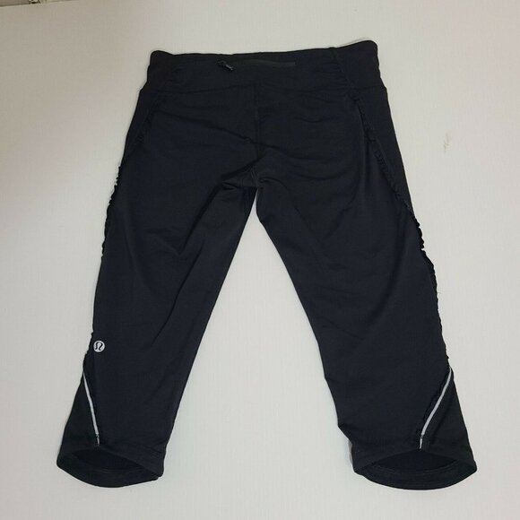 Lululemon 6 Run For Your Life Black Ruched Ruffle Side Back Pocket Crop Leggings - Picture 4 of 11